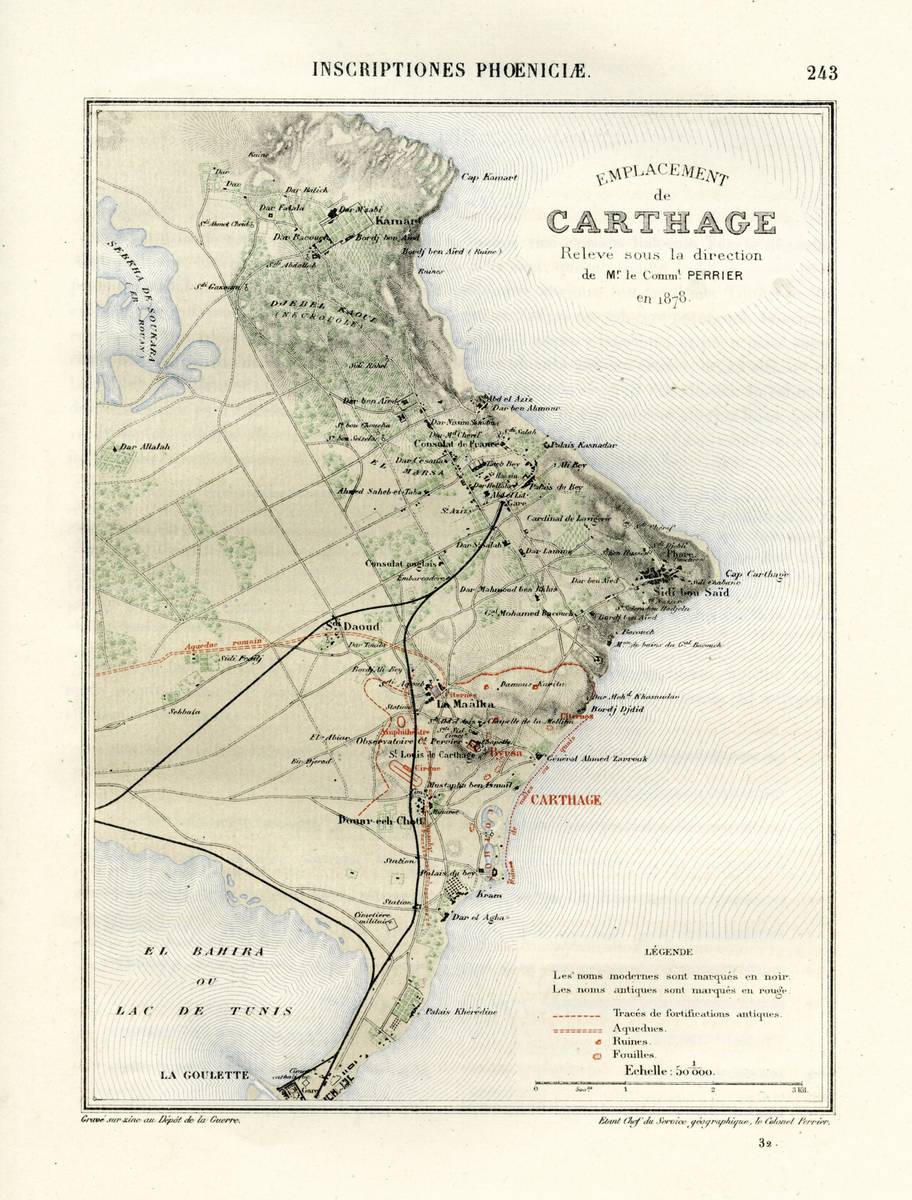Image représentant une grande carte ancienne, tirée d’un ouvrage, montrant la ville de Carthage sur la côte tunisienne.