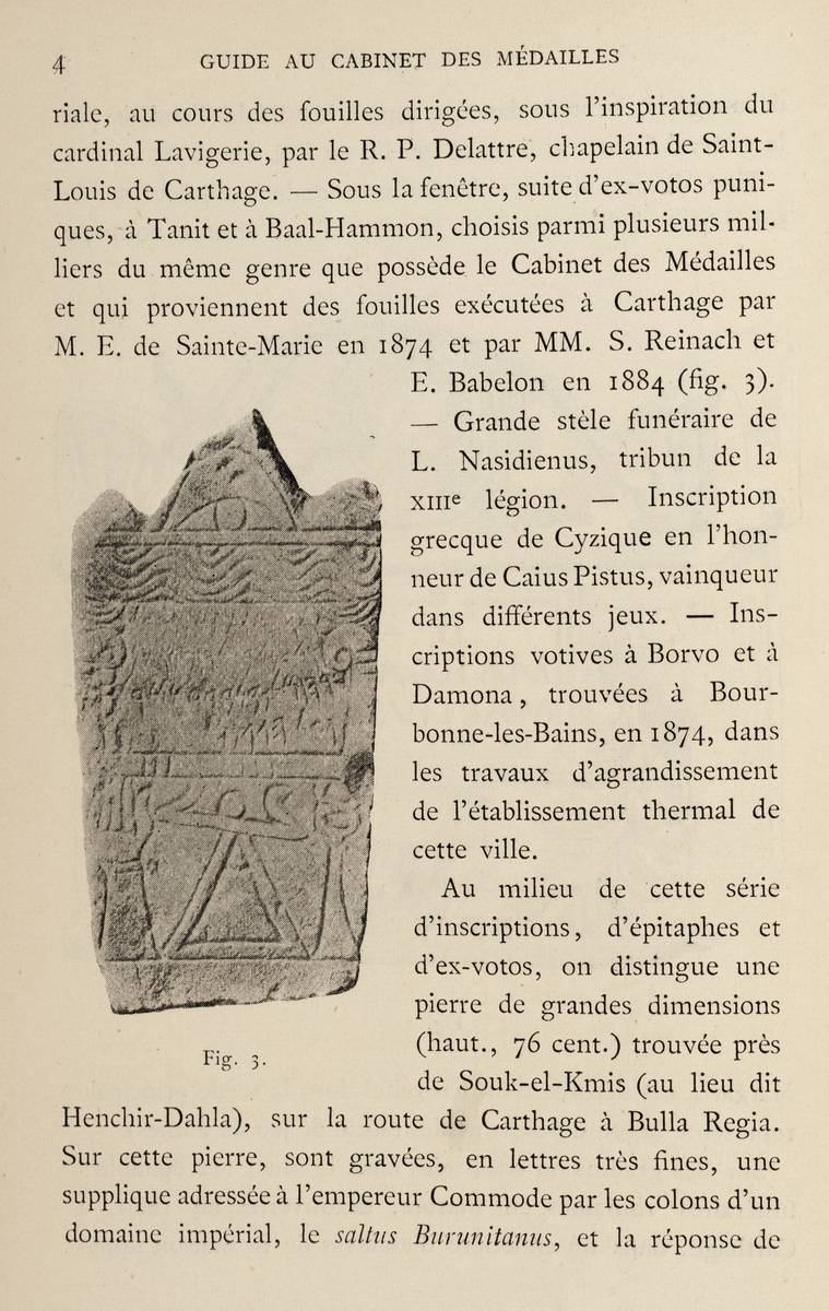 Image représentant une page d’un ouvrage ancien, avec du texte et la reproduction en noir et blanc d’une stèle.