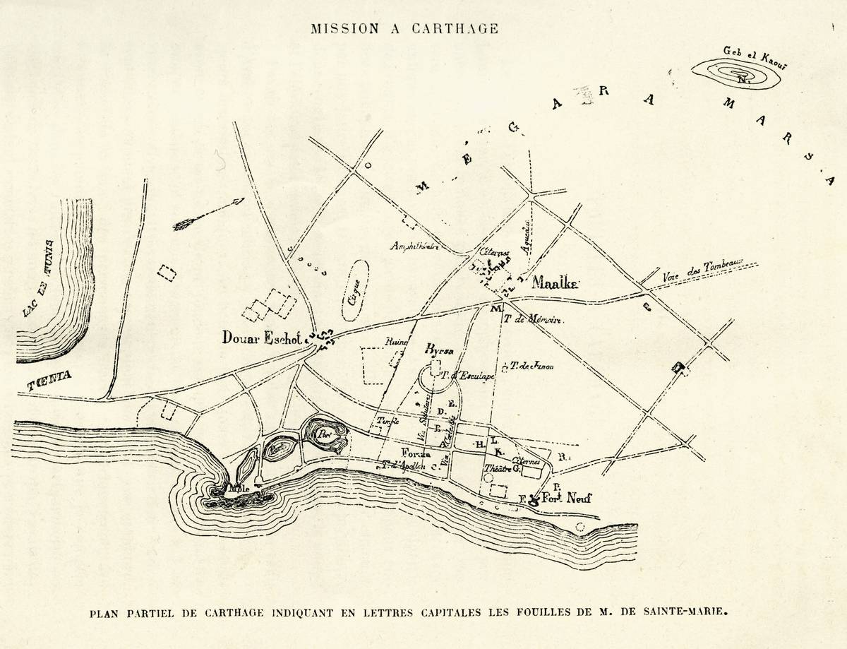Image représentant la page d’un ouvrage ancien avec un plan partiel de Carthage.