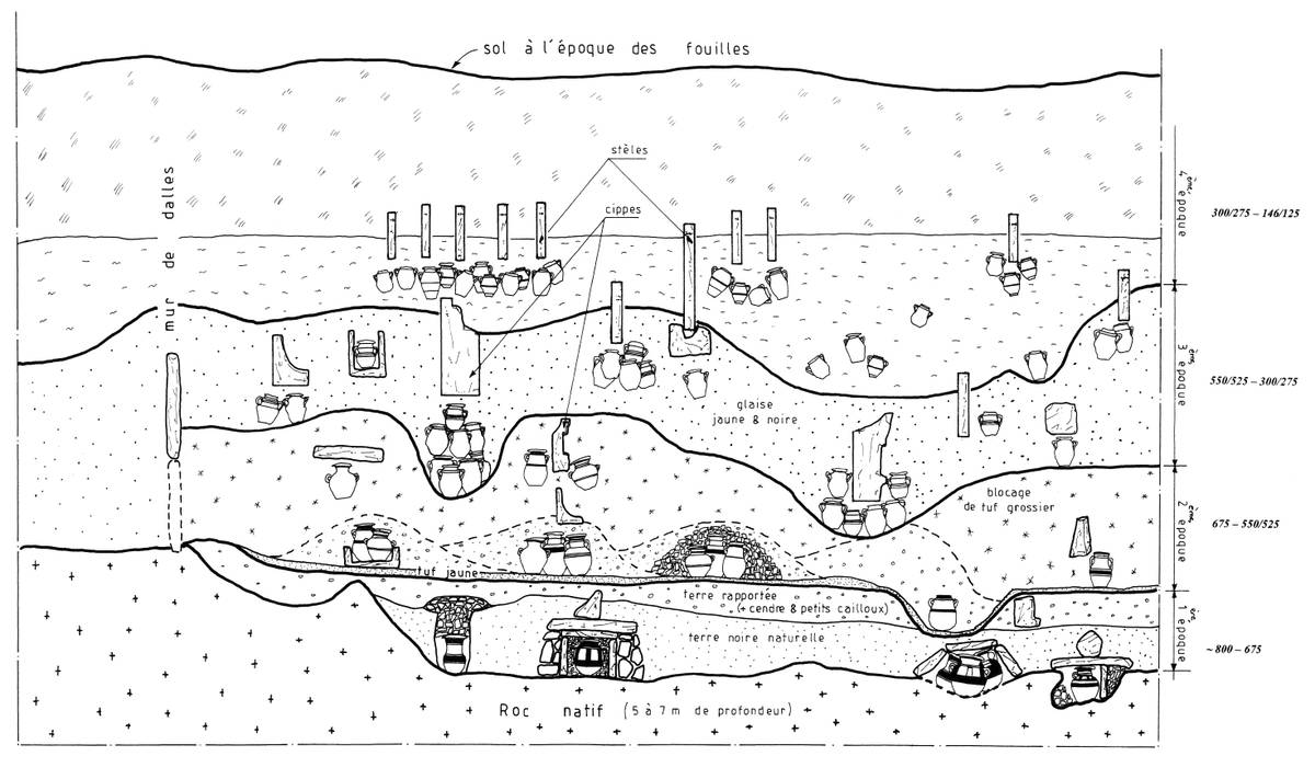 Image avec un dessin au trait montrant une coupe stratigraphique d’une zone de fouille, avec du matériel archéologique.