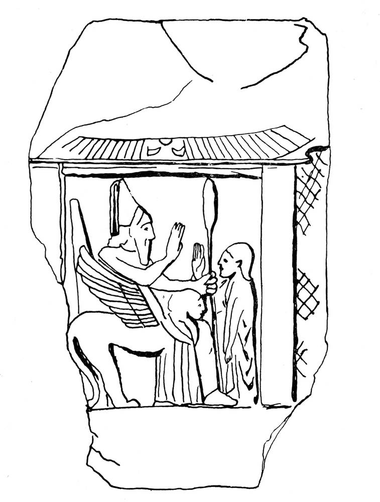 Dessin au train montrant un dieu de profil, assis sur un trône.