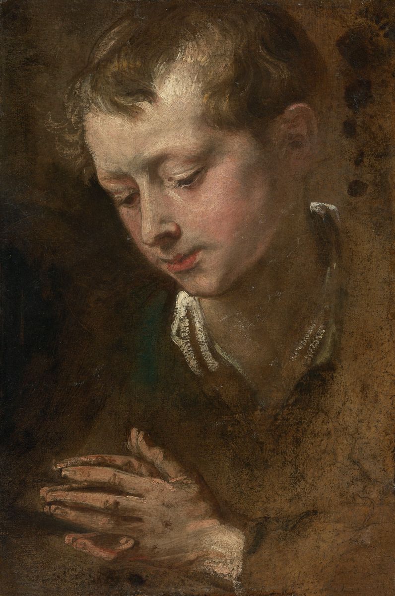 Peinture de Van Dyck représentant un jeune homme en buste, les mains jointes.