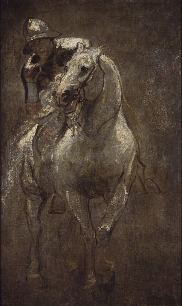 Esquisse peinte par Van Dyck ébauchant un cheval blanc, de face, monté par un soldat.