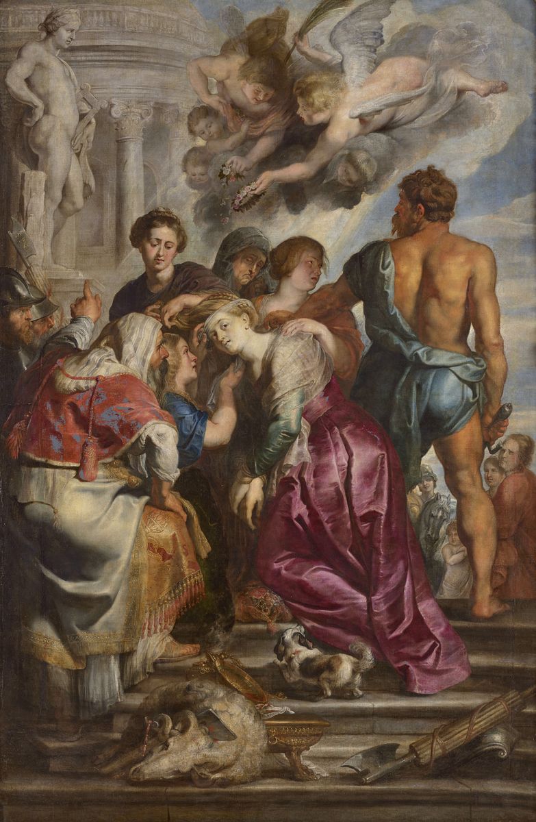 Peinture de Rubens représentant une jeune femme, sainte Catherine, entourée de personnages, dont son bourreau qui s'apprête à la frapper.