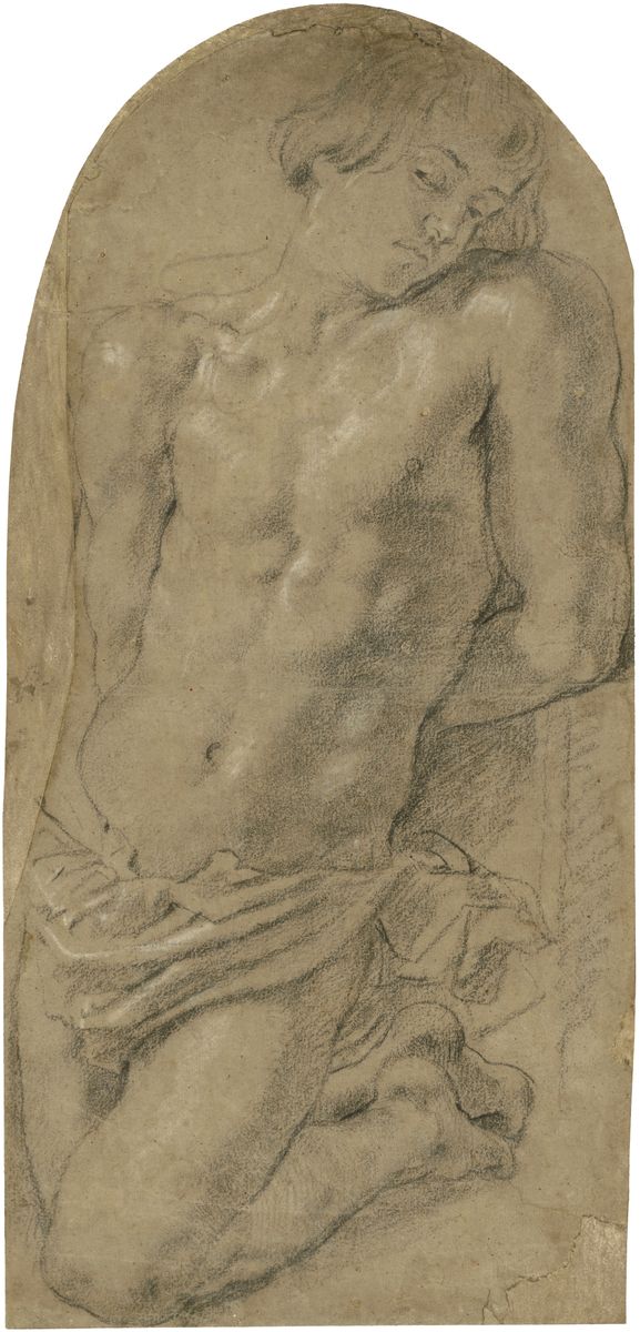 Dessin de Rubens représentant un jeune homme nu agenouillé, Isaac.