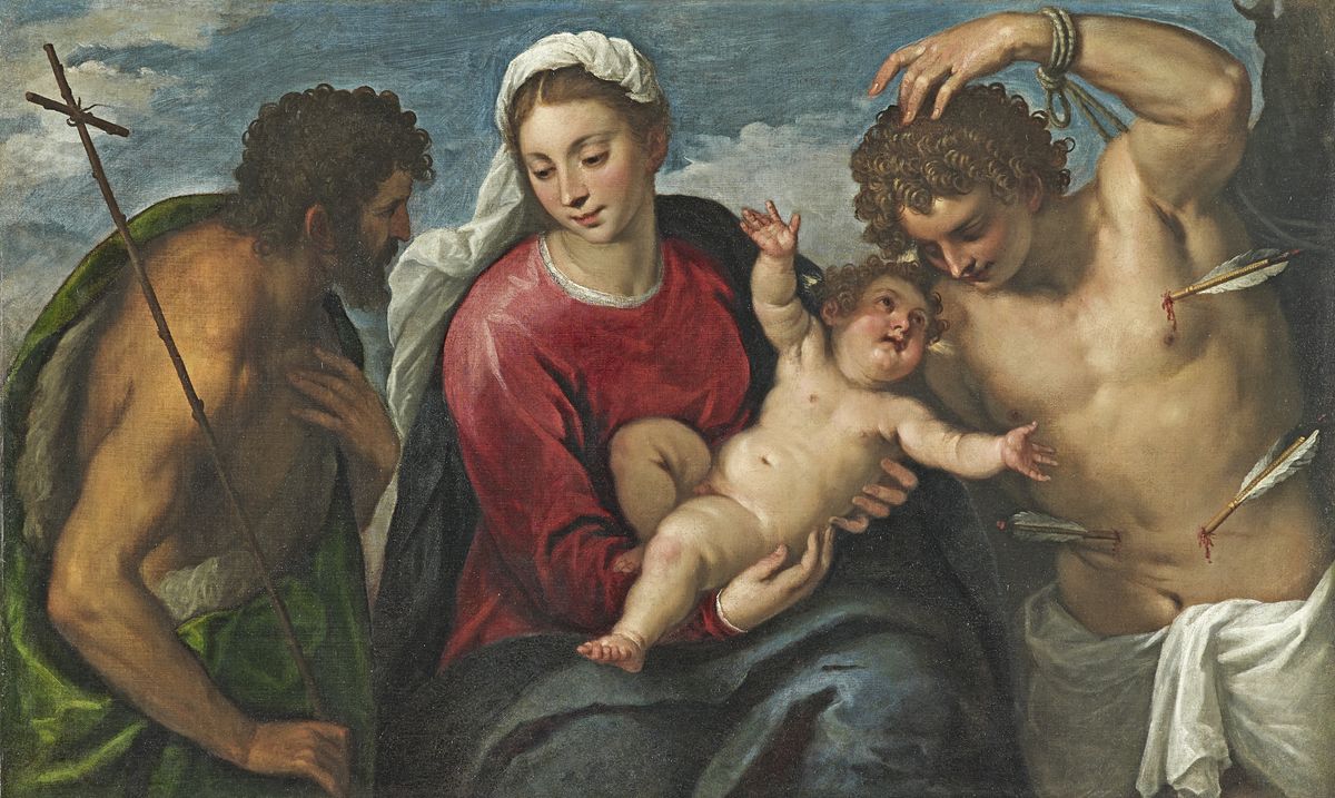 Peinture de Jacopo Palma le Jeune représentant une Vierge à l'Enfant entourée de deux hommes, saint Jean Baptiste et saint Sébastien.