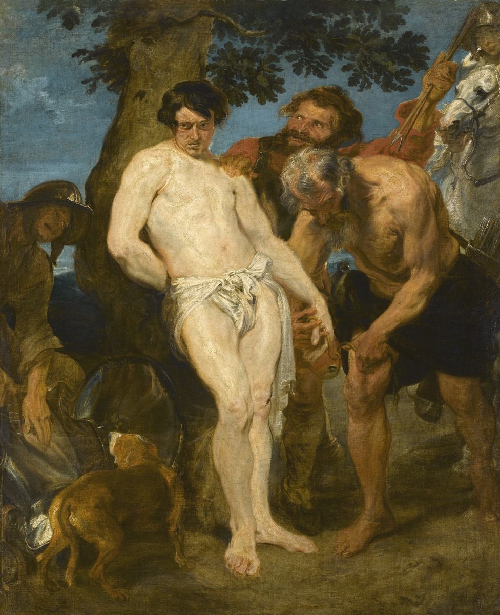 Peinture de Van Dyck représentant saint Sébastien que des hommes attachent à un arbre pour son supplice.