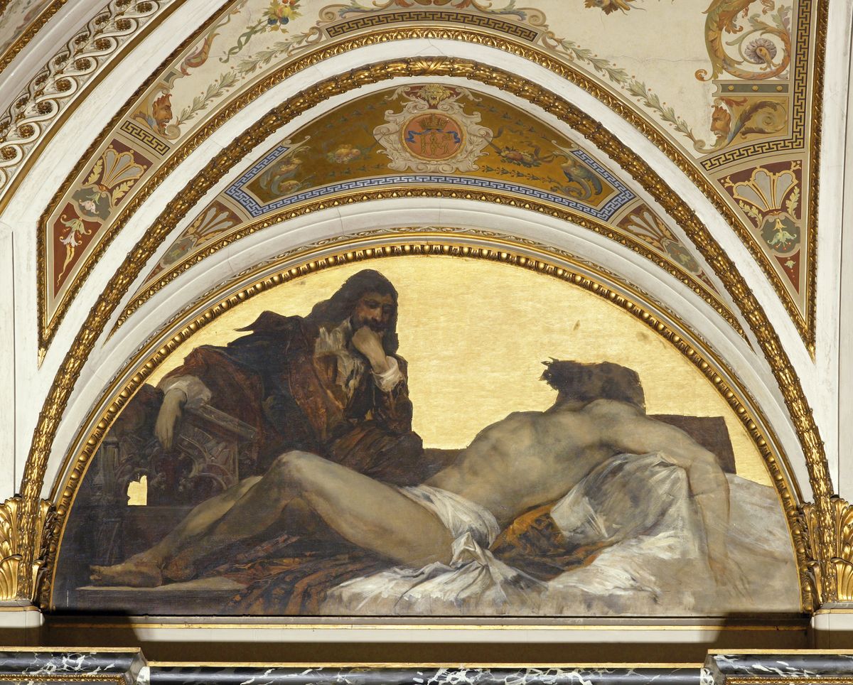 Photographie montrant un élément architectural avec, au centre, dans une lunette, une peinture de Hans Makart représentant le corps du Christ déposé de la Croix.