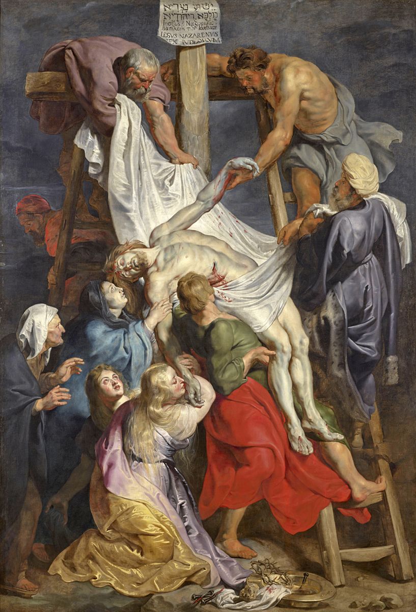 Peinture de Rubens représentant une scène du Christ que l'on descend de la Croix.