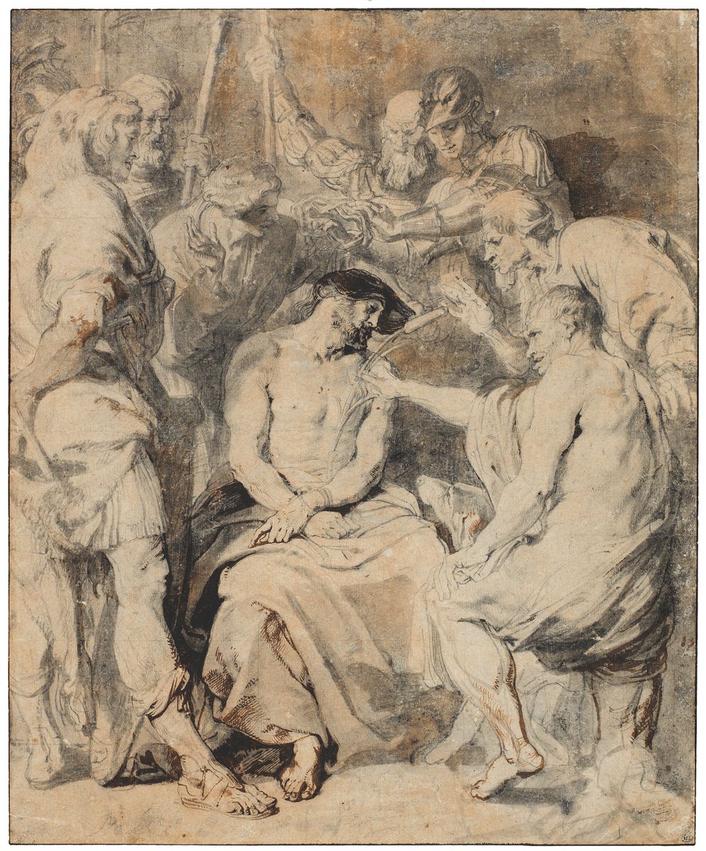 Dessin de Van Dyck représentant un homme assis, le Christ, entouré de soldats.