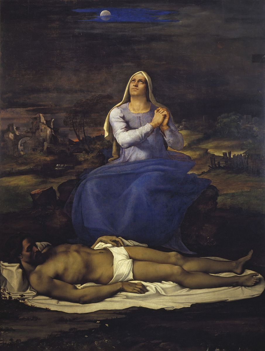 Peinture de Sebastiano del Piombo représentant la Vierge éplorée et le Christ étendu au sol devant elle.