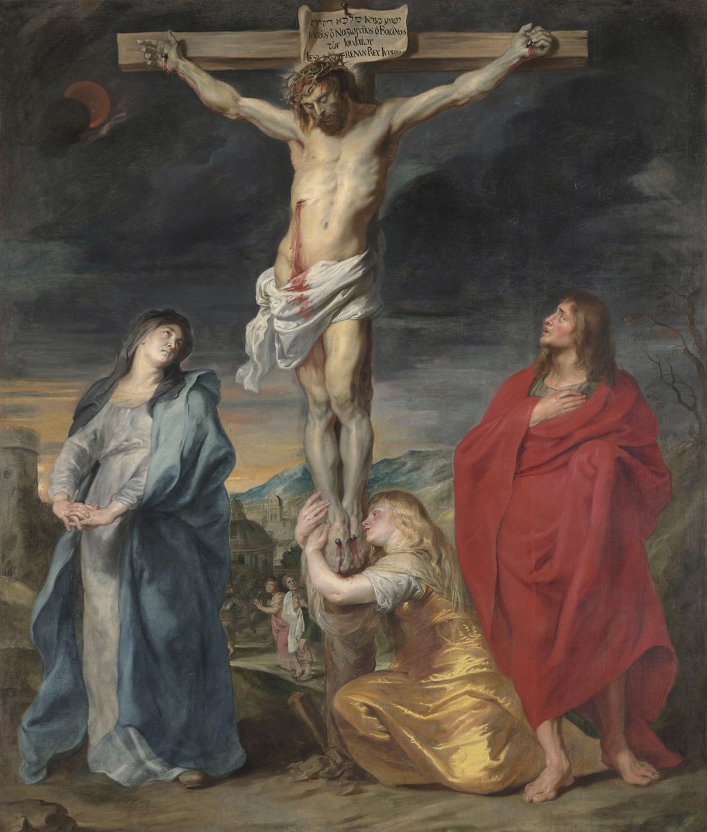 Peinture de Van Dyck représentant un immense Christ en Croix, avec à ses pieds la Vierge, Marie Madeleine et saint Jean.