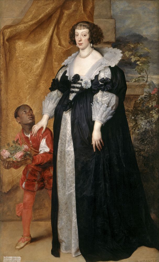 Peinture de Van Dyck figurant une femme debout, en robe noire, avec un petit page d'origine africaine debout à côté d'elle.