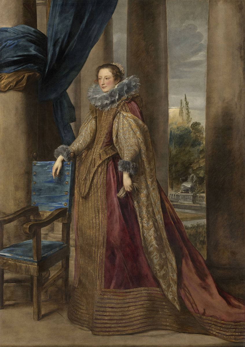 Peinture de Van Dyck montrant un grand portrait en pied d'une femme très richement vêtue, dans un décor architectural.