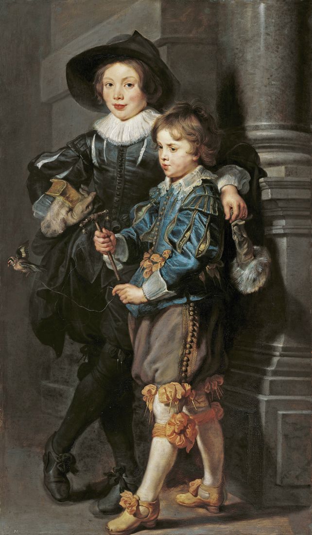 Peinture de Rubens montrant deux jeunes garçons, l'aîné, vêtu de noir, passant le bras sur l'épaule du plus jeune vêtu d'une veste bleue.