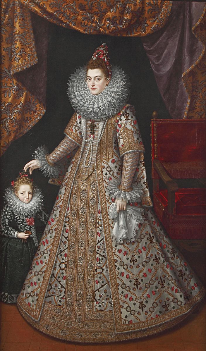 Peinture de Frans Pourbus montrant l'infante Isabelle Claire Eugénie, jeune, dans une somptueuse robe ornée d'or et de perles.