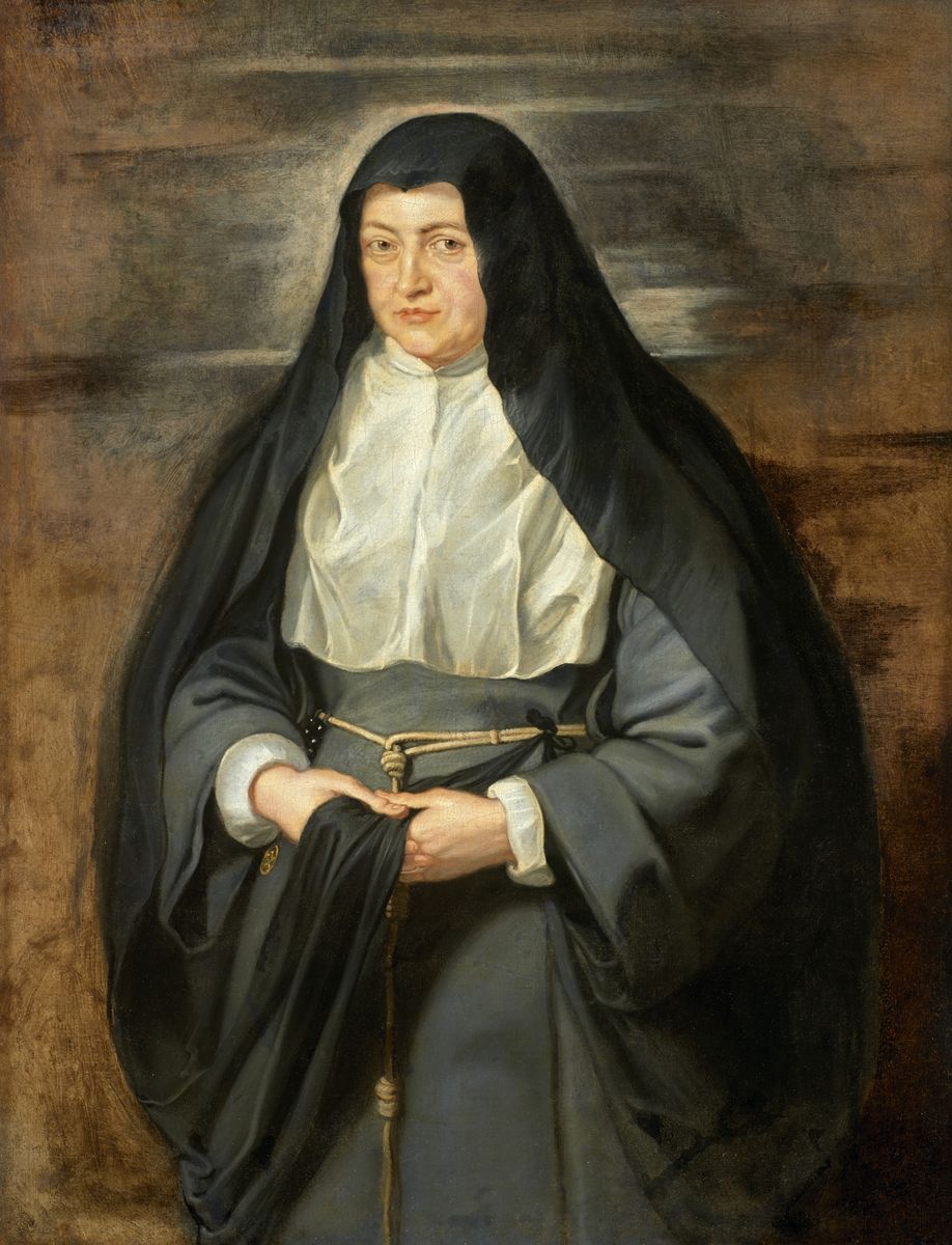 Peinture de Rubens et de son atelier représentant un portrait d'Isabelle Claire Eugénie habillée en nonne.