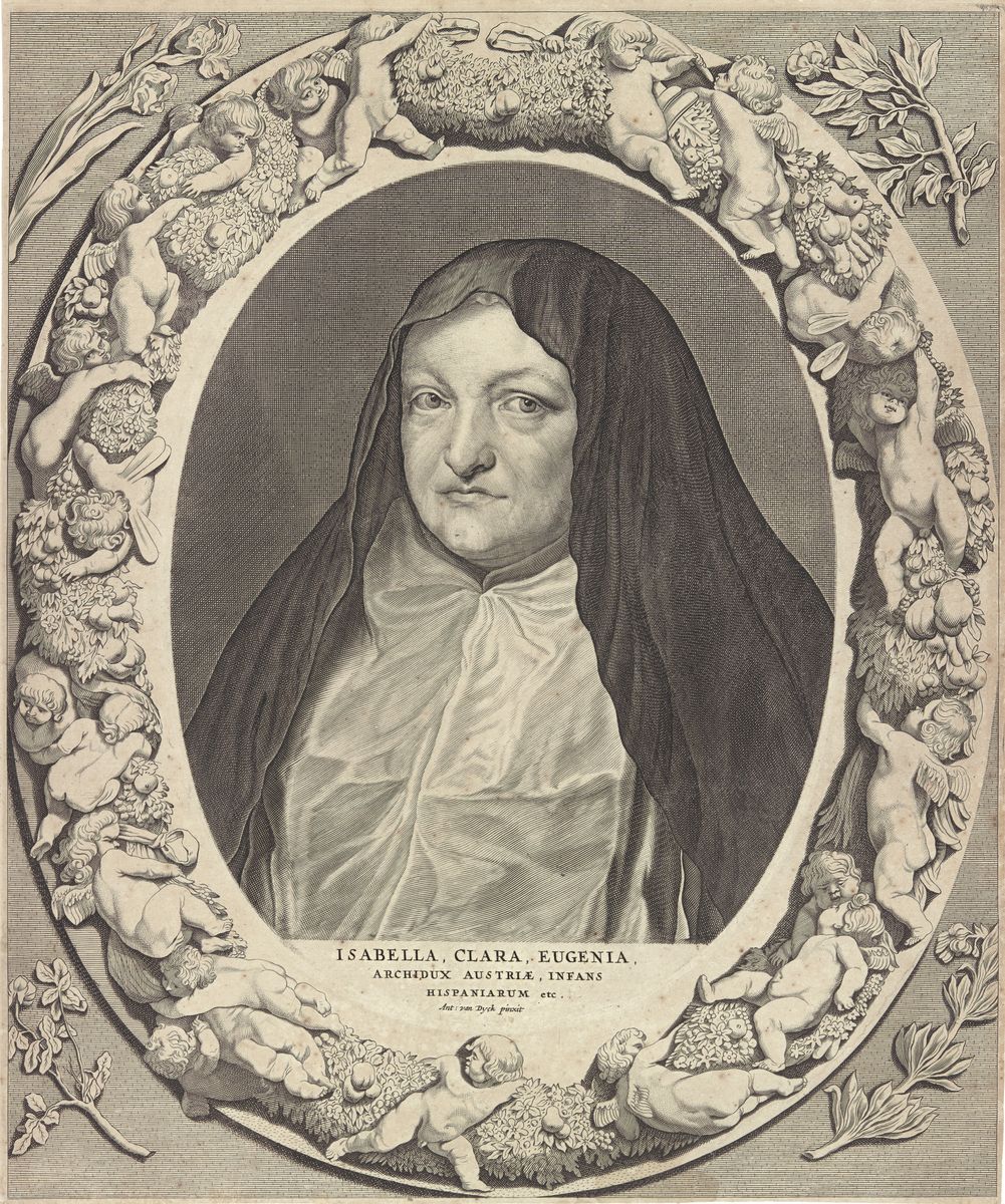 Gravure d'après Van Dyck représentant Isabelle Claire Eugénie en habit de nonne, en buste, entouré d'une guirlande en médaillon.