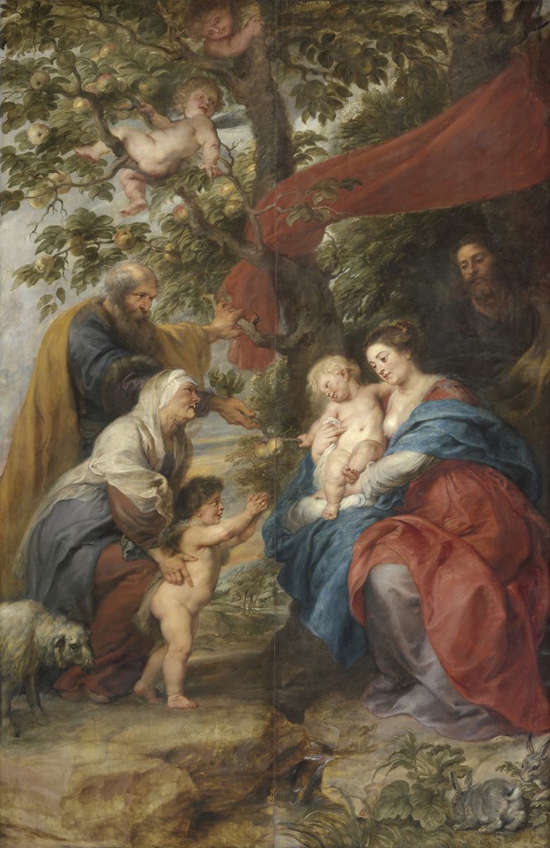 Peinture de Rubens montrant la Vierge présentant l'Enfant Jésus, entourée de plusieurs personnages et d'anges, sous un arbre.