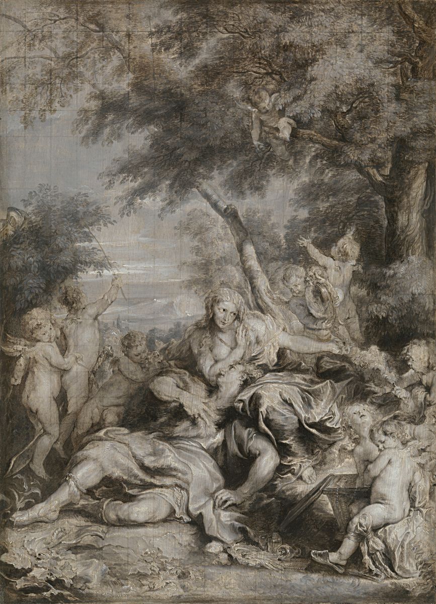 Peinture de Van Dyck représentant le même tableau des Amours de Renaud et Armide, en grisaille (camaïeu de gris).