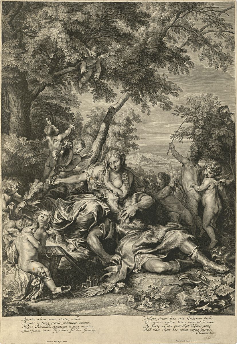 Gravure d'après Van Dyck représentant le même tableau des Amours de Renaud et Armide, inversé.