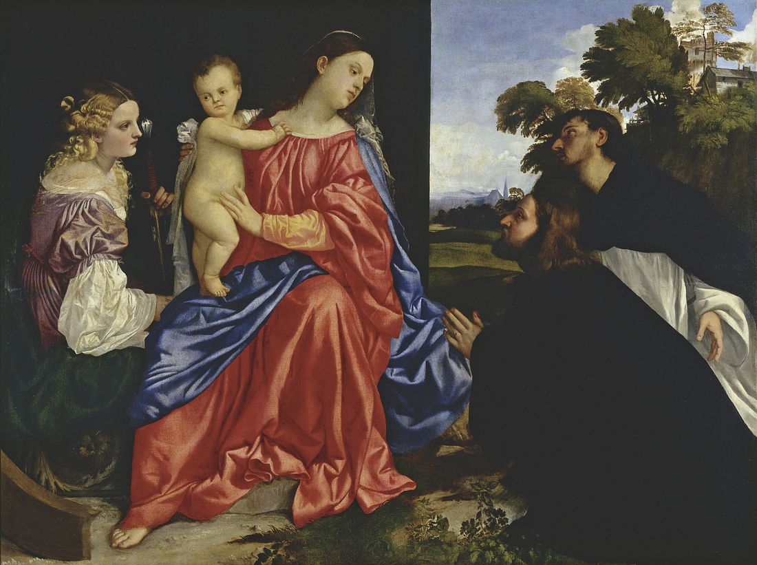 Peinture de Titien représentant la Vierge tenant l'Enfant Jésus debout sur ses genoux, entourée de deux saints et d'un donateur en prière.