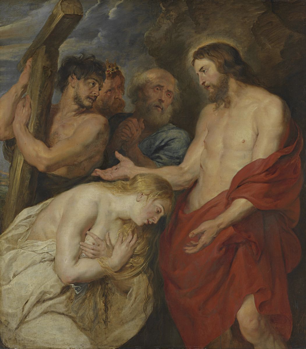 Peinture de Rubens représentant le Christ, Marie Madeleine inclinée devant lui, et trois personnages à l'arrière-plan dont l'un tient la Croix.