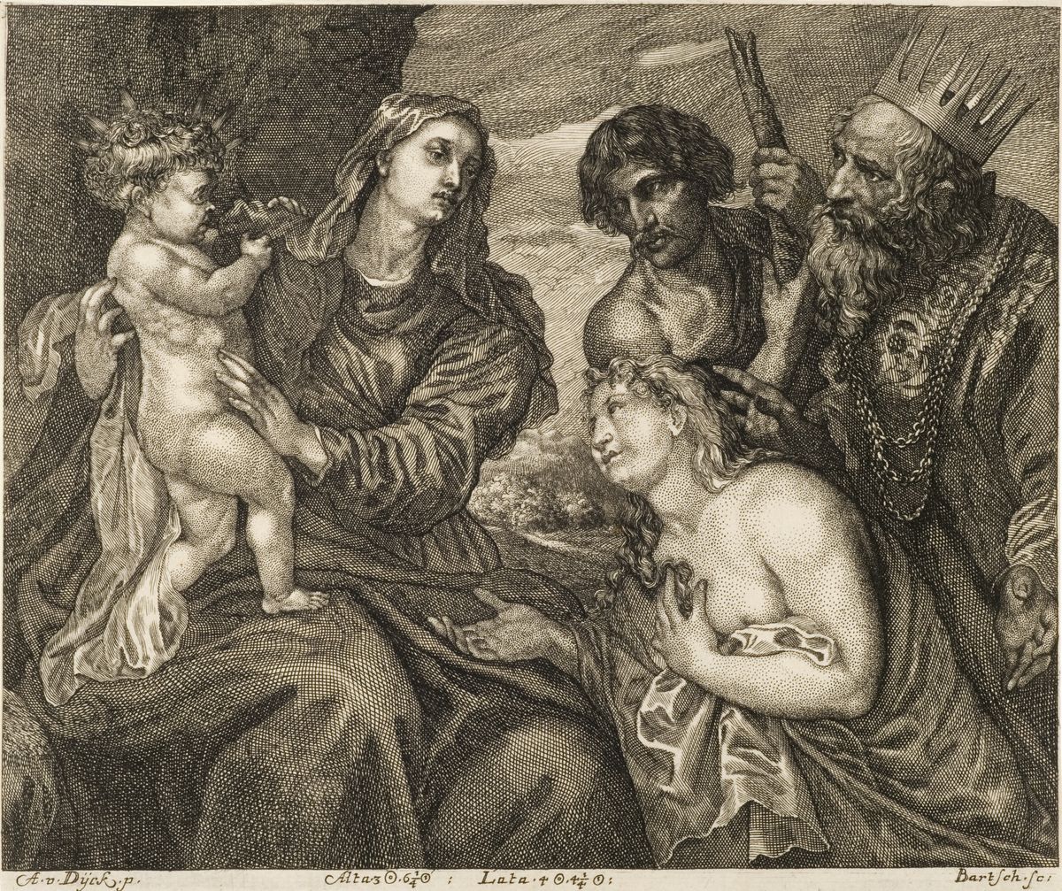 Gravure de Bartsch représentant la Vierge, assise, présentant à trois personnages l'Enfant Jésus debout sur ses genoux.