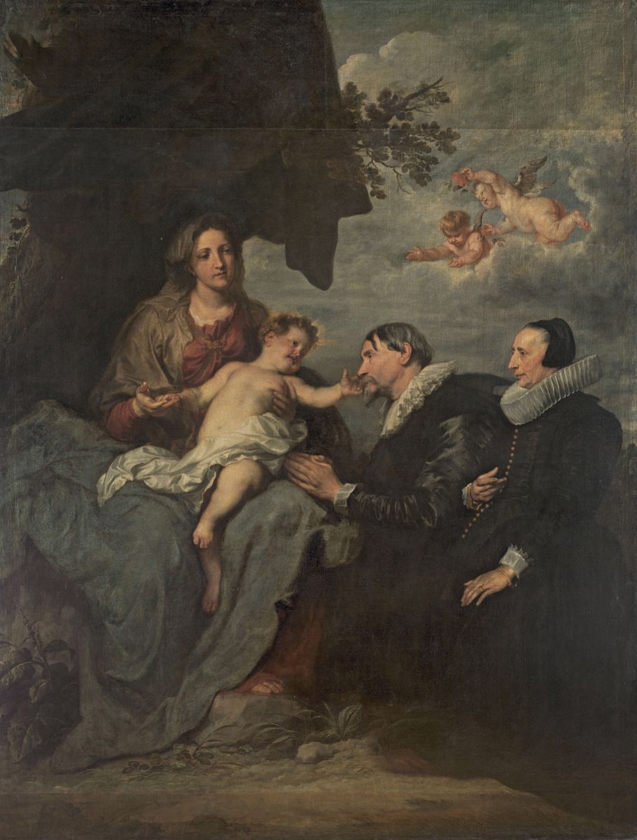 Peinture de Van Dyck représentant la Vierge tenant sur les genoux l'Enfant Jésus, assis, qui tend sa main vers une femme et un homme vêtus de noir.