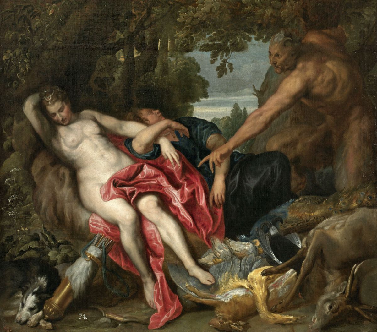 Peinture de Van Dyck représentant Diane, endormie et nue, accompagnée d'une nymphe, et désignée du doigt par un satyre.