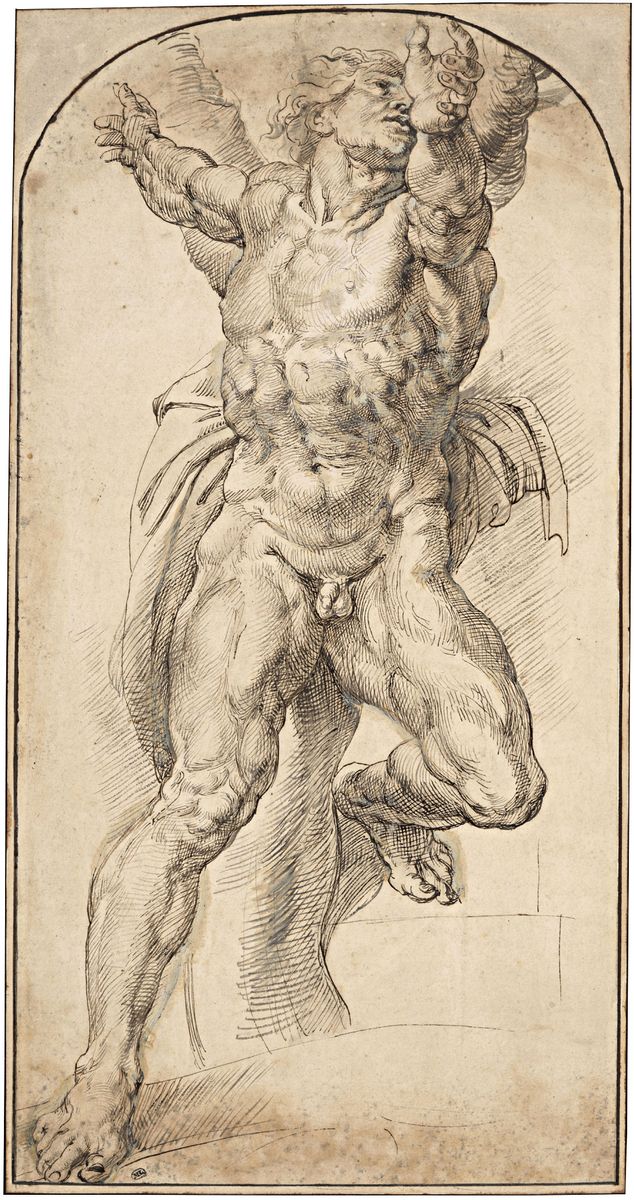 Dessin de Rubens représentant un homme nu de face, à la très forte musculature.