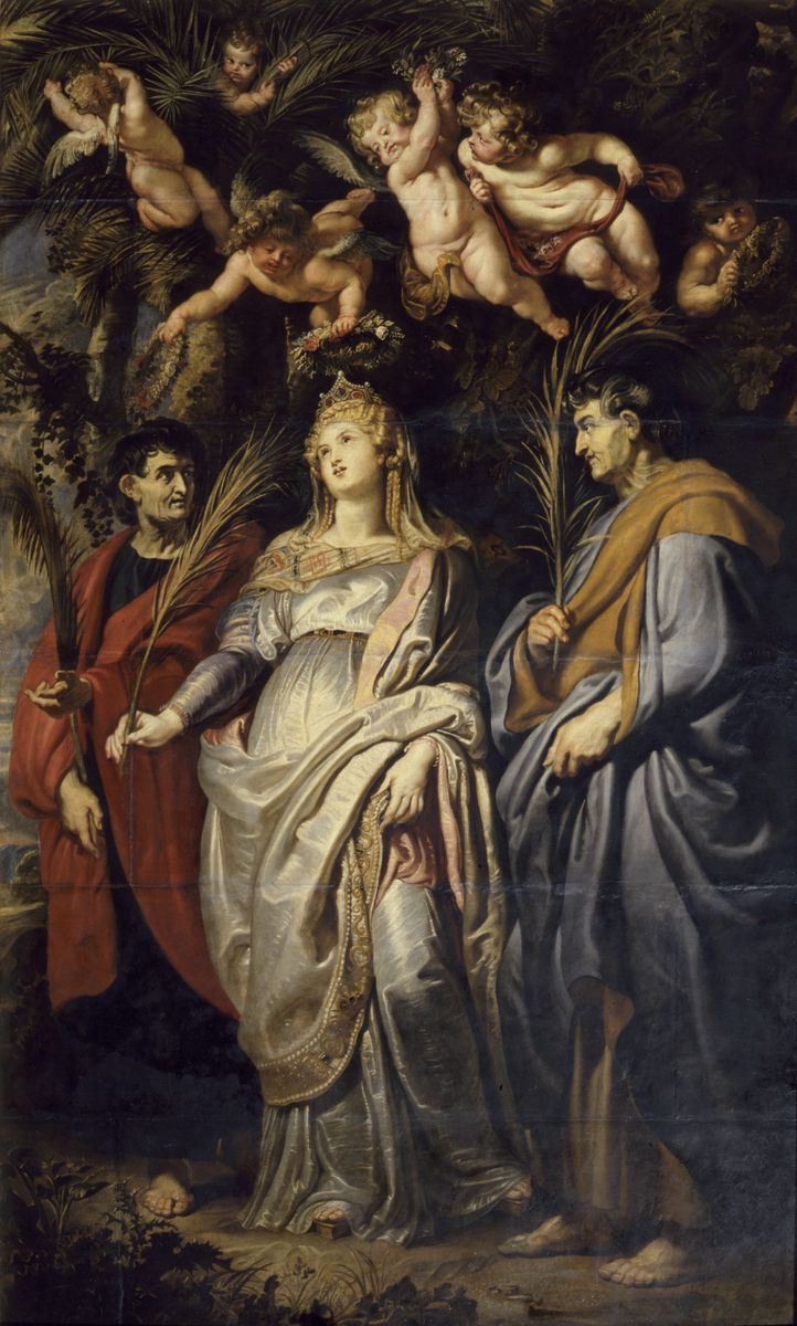 Peinture de Rubens montrant trois personnages debout, une femme encadrée de deux hommes, tous trois surmontés par des anges.