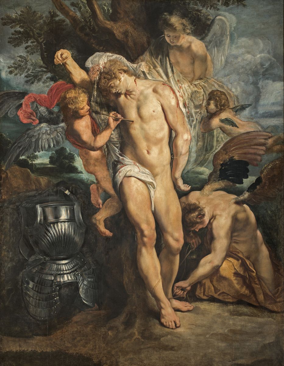 Peinture de Rubens montrant saint Sébastien attaché à un arbre, entouré d'anges dont l'un enlève la flèche de sa poitrine.