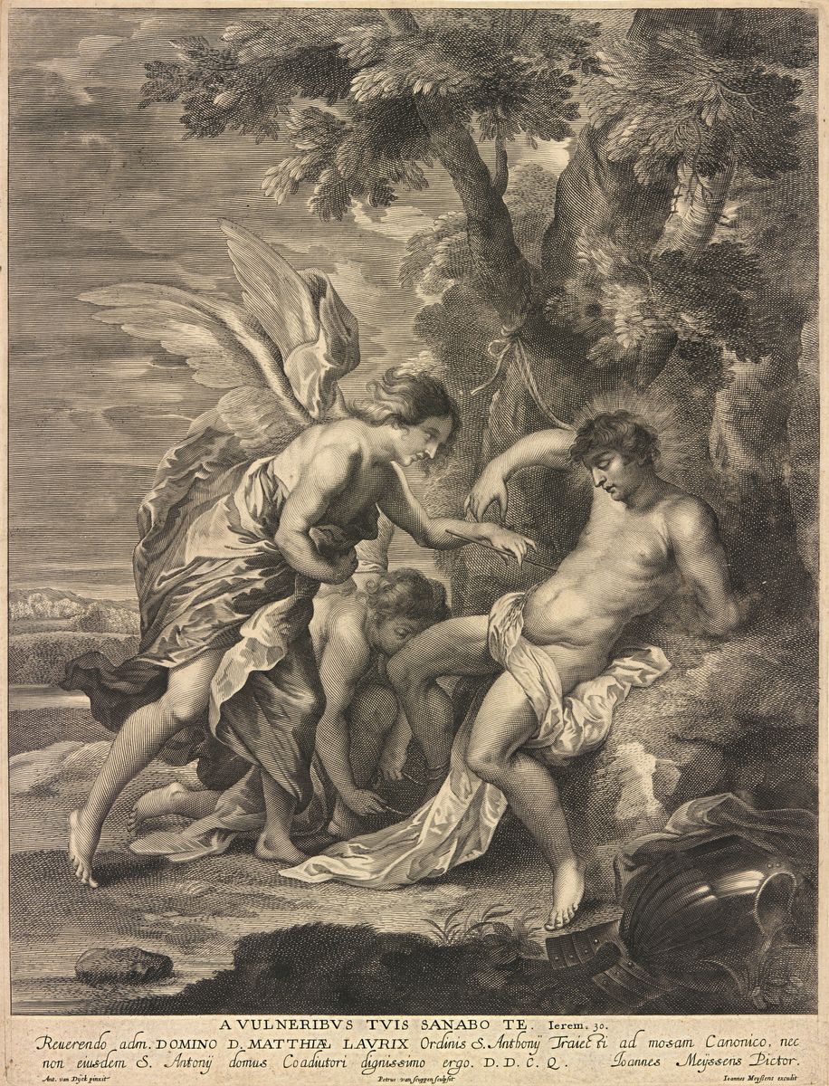 Gravure de Pierre Louis Van Schuppen montrant saint Sébastien, avec un ange qui lui retire la flèche qu'il a dans le flanc.