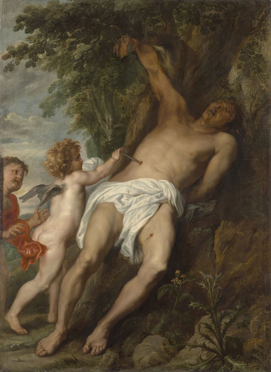 Peinture de Van Dyck montrant le corps nu et souffrant de saint Sébastien, rejetté en arrière, avec un ange qui saisit la flèche dans son flanc pour la retirer.