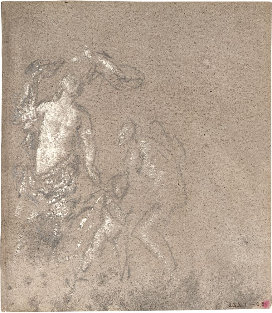 Dessin de Turner, à peine esquissé, représentant les silhouettes de Vénus, d'un Amour et de Vulcain, d'après le tableau de Van Dyck, sur un papier brun.