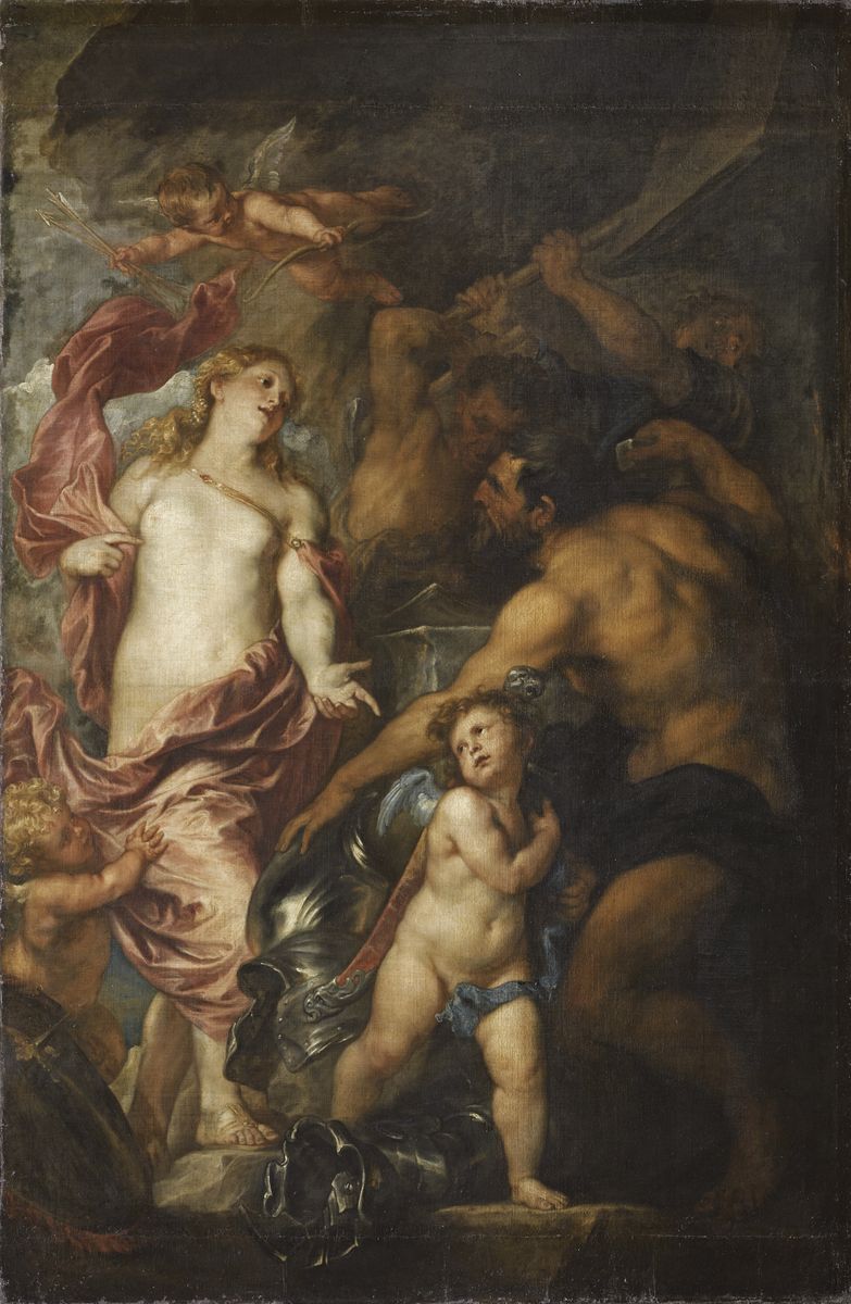 Peinture de Van Dyck représentant la déesse Vénus, accompagnée de trois Amours, s'adressant au dieu Vulcain.