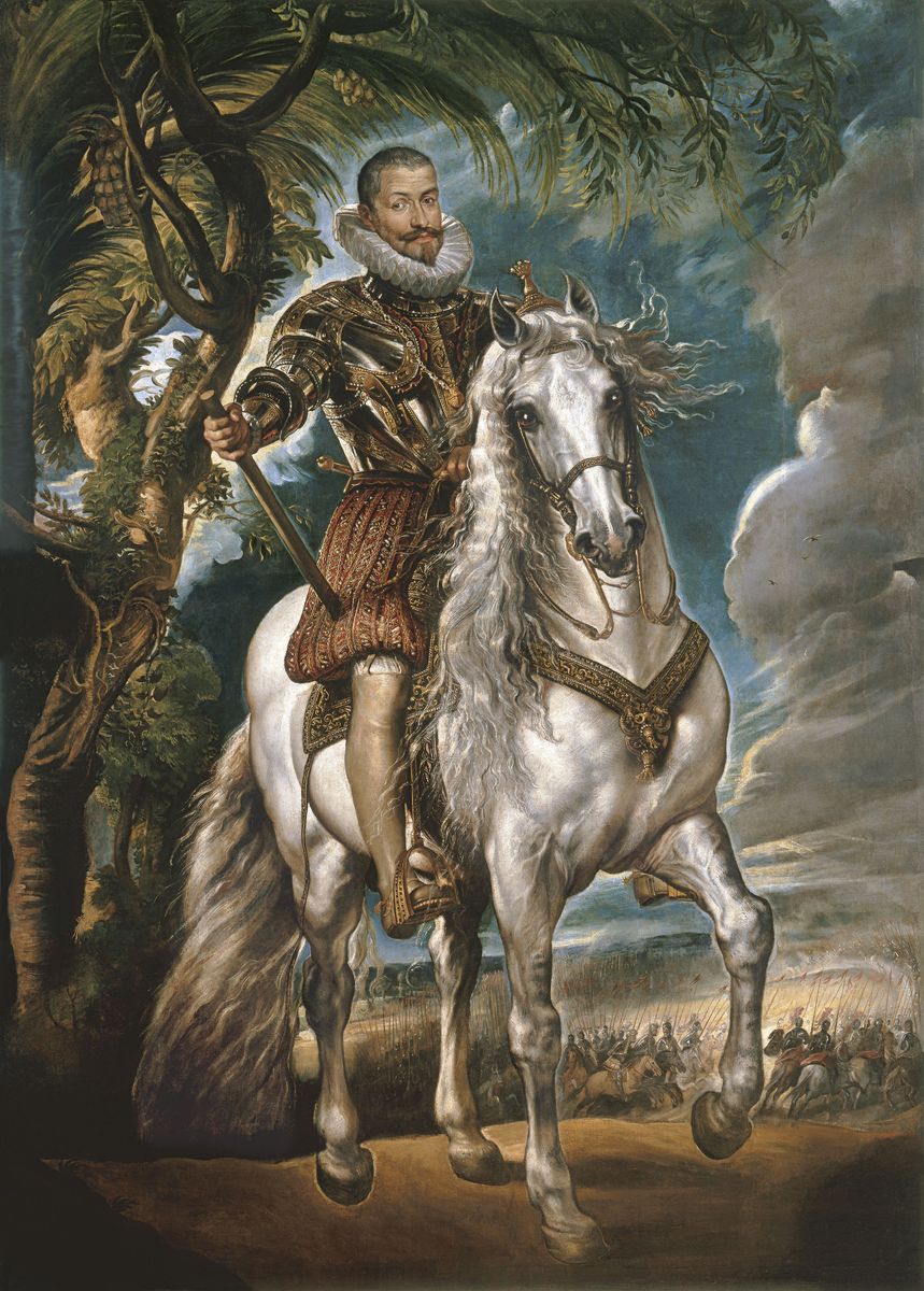 Peinture de Rubens montrant un homme, le duc de Lerma, en armure très richement ornée, de trois quarts face, monté sur un grand cheval blanc.