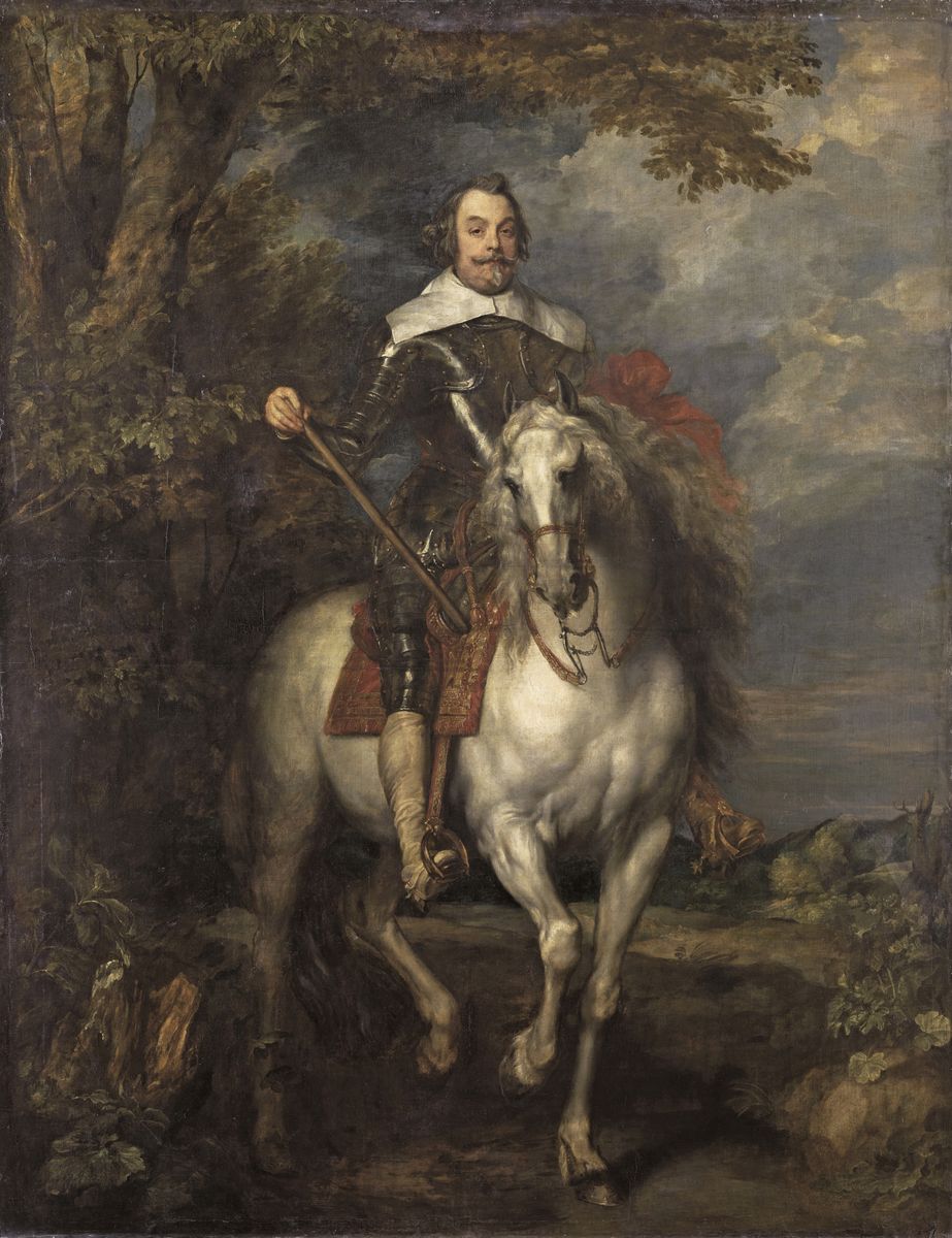 Peinture de Van Dyck montrant François de Moncade, un homme d'âge mûr, en armure, monté sur un grand cheval blanc, de trois quarts face ; il est sous un grand arbre.