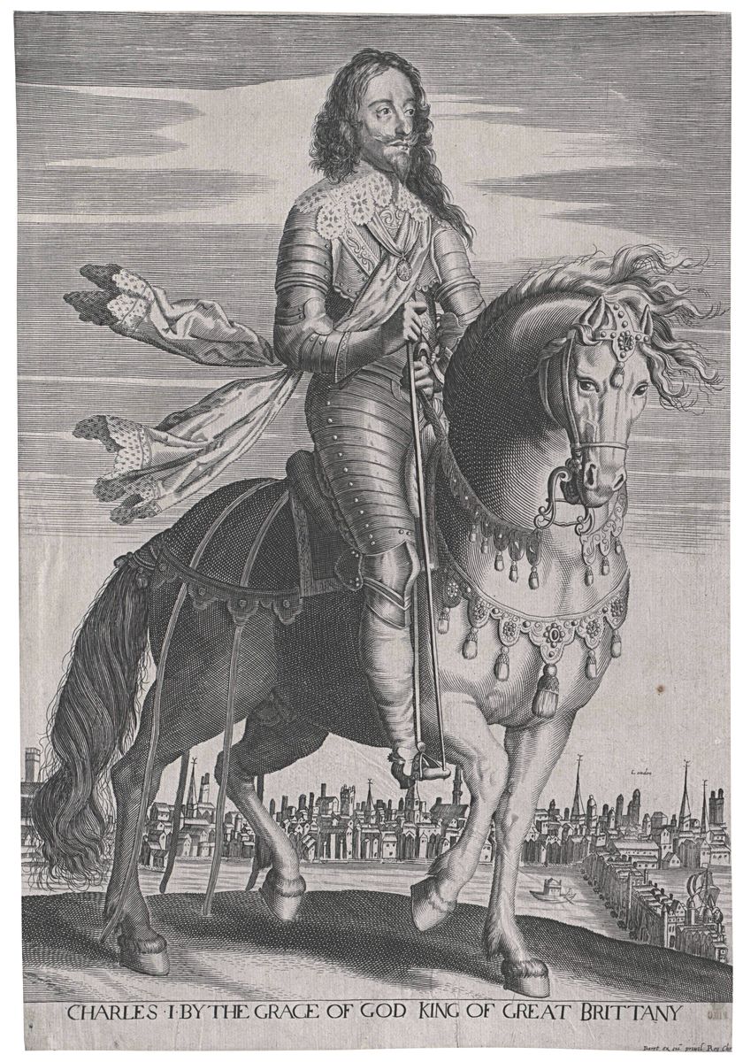 Gravure anonyme représentant le roi Charles premier d'Angleterre en armure et à cheval, vu de trois quarts.