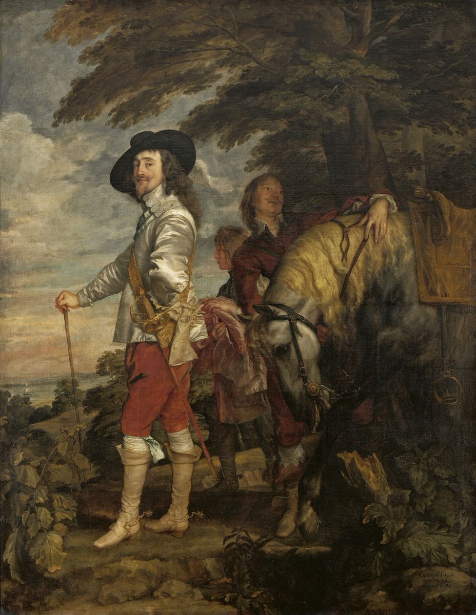 Peinture de Van Dyck représentant Charles premier d'Angleterre, debout, en pied. Derrière lui est représenté l'avant de son cheval blanc, de profil, et un écuyer qui tient ses rênes.