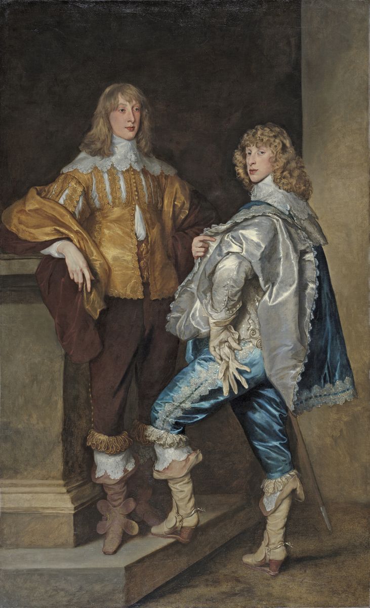 Peinture de Van Dyck représentant deux jeunes hommes debout, en pied, l'un de face et l'autre de profil, tournant la tête vers le spectateur, richement vêtus.