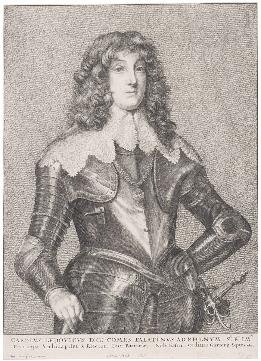 Gravure d'après Van Dyck montrant Charles Louis du Palatinat, jeune homme, représenté en buste, de face, vêtu d'une armure.