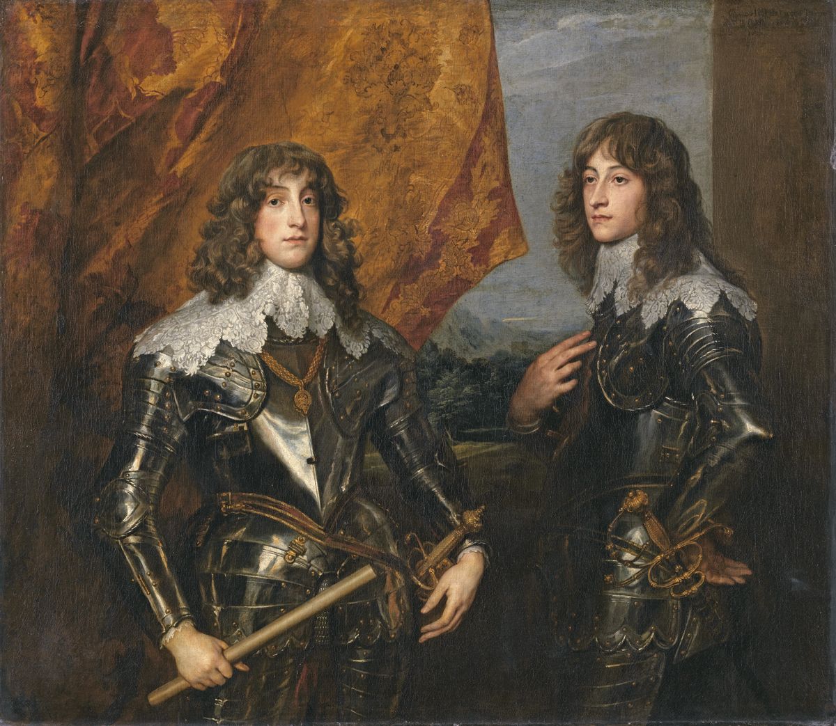 Peinture de Van Dyck représentant les deux jeunes princes Charles Louis et Robert du Palatinat, debout, en armure ; l'un est de face, l'autre de trois quarts.