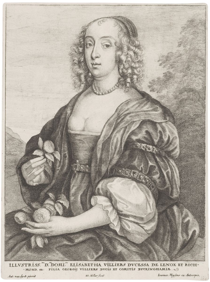 Gravure d'après Van Dyck représentant une jeune femme assise, en buste, Mary Villiers, tenant une rose à la main.