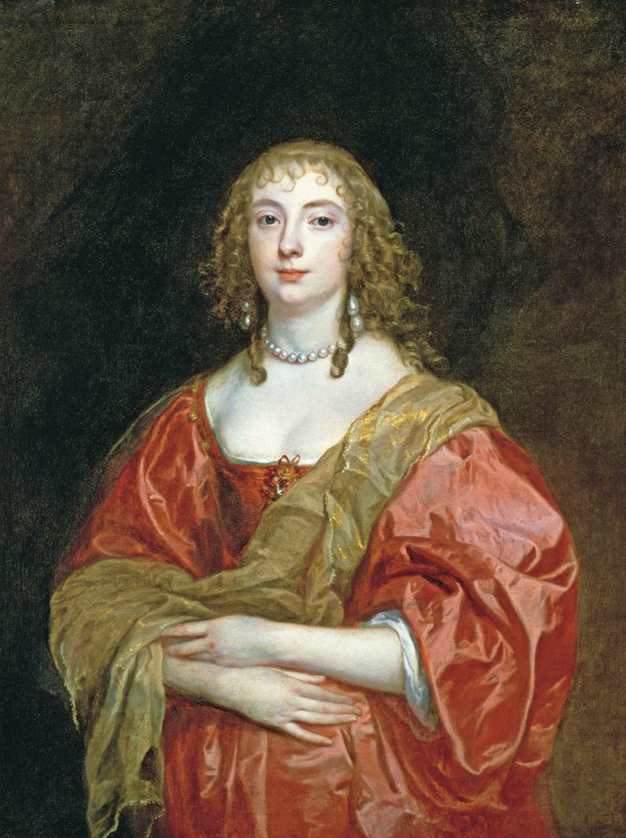 Peinture de Van Dyck représentant le portrait d'Anne Carr, lady Russell, debout, vêtue d'une robe rouge vif.