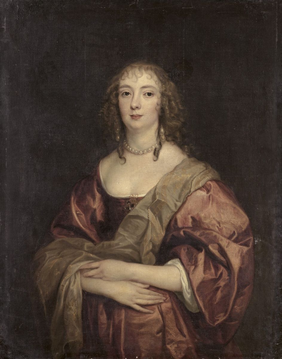 Peinture de l'atelier de Van Dyck représentant une jeune femme debout et en buste, Anne Carr, lady Russell, vêtue d'une robe rouge pâle, tirant sur le rose.