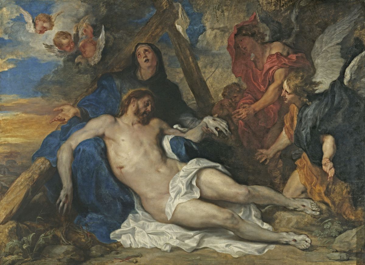 Peinture de Van Dyck représentant la même scène de déploration, inversée et de couleurs plus vives, avec la Vierge éplorée tenant contre elle le corps du Christ mort.