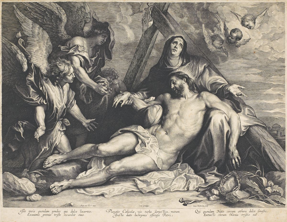 Gravure d'après Van Dyck représentant la scène de déploration, avec la Vierge éplorée tenant contre elle le corps du Christ mort.