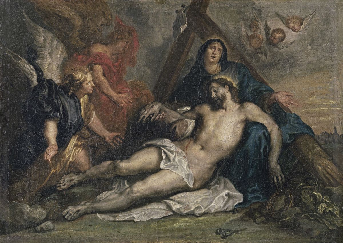 Peinture d'après Van Dyck représentant une scène de déploration, avec la Vierge éplorée, adossée à la Croix, tenant contre elle le corps du Christ mort.